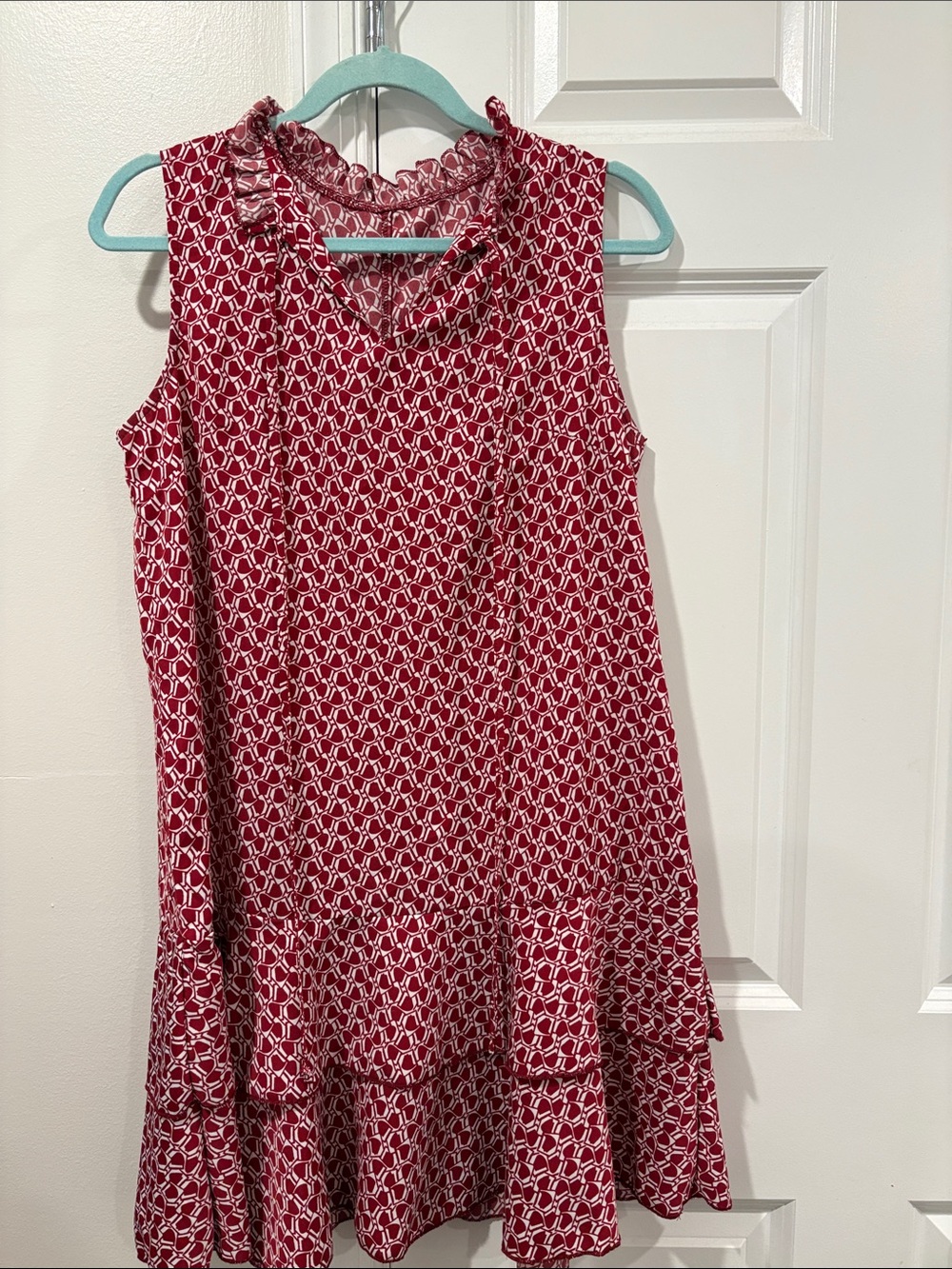 SHEIN Red and White Geometric Ruffle-Trim Dress